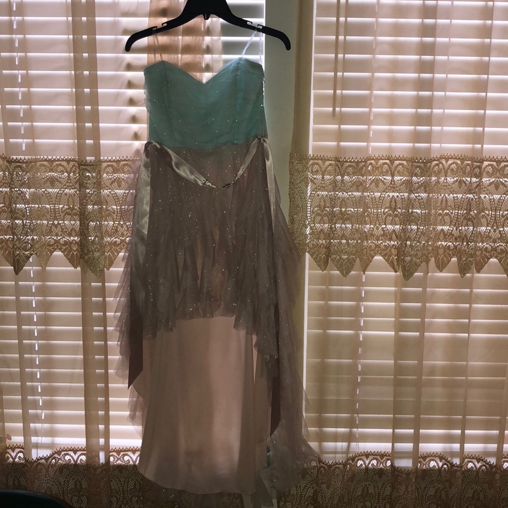 Dillards high low cinnamon and aqua dress.